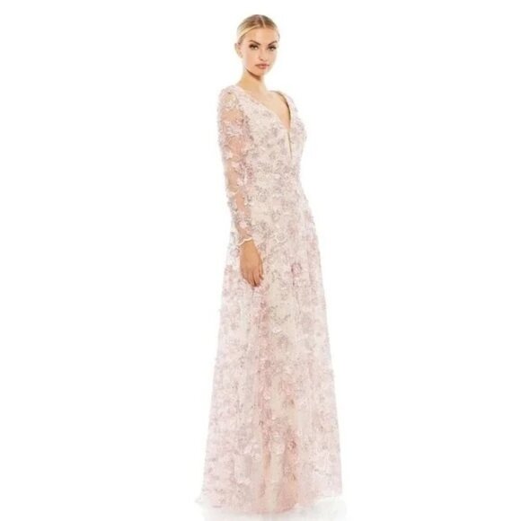 Mac Duggal 67483 Rose Pink Floral Applique Long Sleeve Illusion Gown Size 8 NWT - Picture 2 of 12